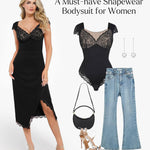 Popilush Lace Tops Body Suits for Womens Tummy Control Shapewear Bodysuit V Neck Party Date Night Outfit Body Shaper
