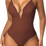 SHAPERIN Women's Lace Trimmed Deep V Neck Bodysuit Plunge Tummy Control Shapewear Thong Body Suits Cami Tank Corset Tops