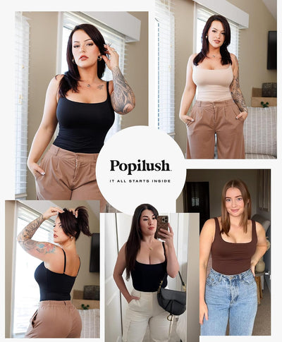 Popilush Double Lined Square Neck Body suits Backless Bodysuit Tank Tops Comfortable Bodysuits Tops