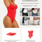 SHAPELLX Lace Bodysuit Tummy Control Thong for Women Sculpting Snatched Waist Shapewear V Neck Body Shaper(Red, X-Large)