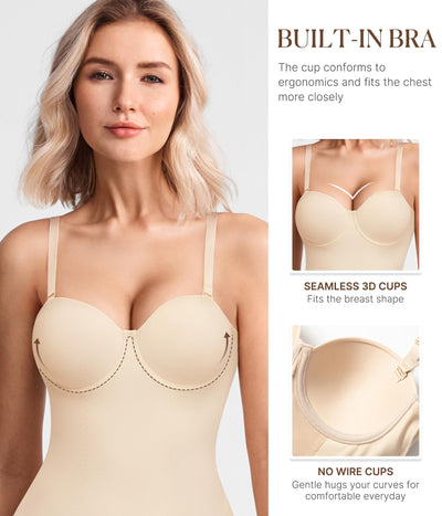 BRABIC Bodysuit Shapewear for Women Tummy Control Dress Backless Bodysuit Tops Body Shaper with Built-in Bra (Beige, Small)