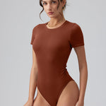 OQQ Women's Crew Neck Short Sleeve Bodysuit Ruched Stretch Vacation Basic for Tops Spring & Summer Caramel