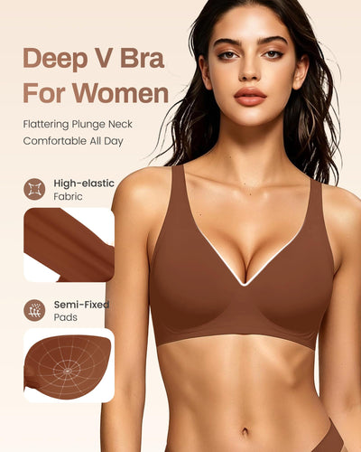 Gailife Deep V Jelly Bras for Women No Underwire Wireless Seamless Push Up Bra Comfort Support Plunge Bralette Full Coverage -BR,L Brown