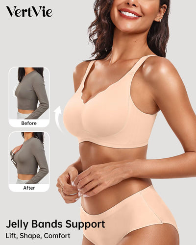 Vertvie Women Seamless Jelly Bras No Underwire Supportive Wireless Push Up Full Coverage Bralette Comfy Scalloped T-Shirt Bra(Nude,Large)