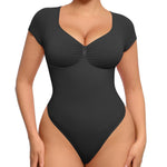 FeelinGirl Women's Shapewear Bodysuit Daily Wear Bodysuit V Neck Short Sleeve Seamless Shapewear for Office And Casual Outfits Black M