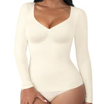 FeelinGirl Compression Shirt Women Shapewear Tummy Control Body Shaper Long Sleeve Slimming V Neck Top White Small