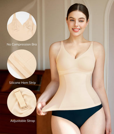 LODAY Compression Tank Tops for Women Tummy Control Shapewear Seamless Body Shaper Workout V-Neck Camisole Cami Tops(Beige, Medium)