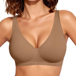 OEAK Womens Deep V Bras Wireless Comfortable Bra Supportive No Underwire Bras Tshirt Push Up Bralettes Plunge Seamless Bra Gravel Beige L