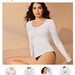 Nebility Tummy Control Shaperwear for Women Long Sleeve T Shirts Compression Tank Tops Scoop Neck Seamless Body Shaper(White,Medium)