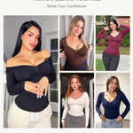 FeelinGirl Tummy Control Shapewear Compression Shirt Women Long Sleeve Shapewear Top Slimming Body Shaper V Neck Black Large