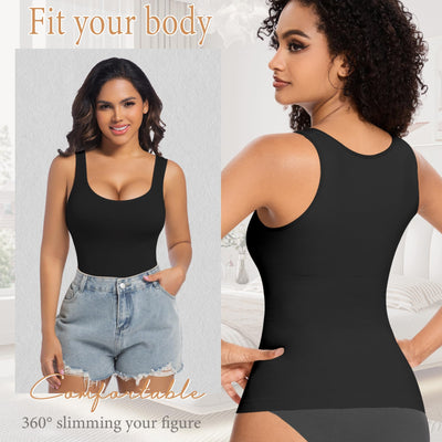 ONEW Shapewear Camisoles Seamless Tummy Control Compression Tank Tops Waist Trainer Body Shaper for Women,Black,Medium