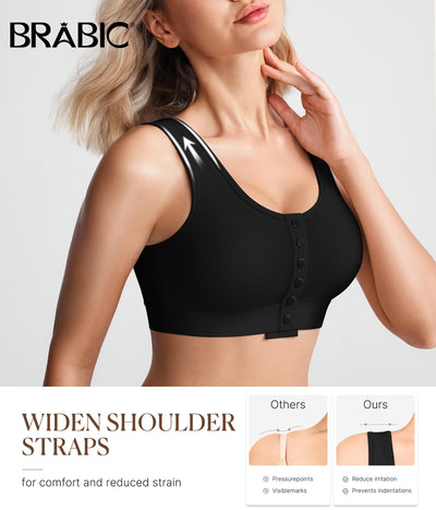BRABIC Front Closure Post Surgery Compression Bras for Women Mastectomy Full Coverage Wireless Bra with Back Smoothing Comfort Black, Medium