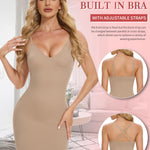 SLIMBELLE Shapewear Slips For Under Dress Deep V Neck Adjustable Strap Tummy Control Full Slip Seamless Shaper For Women Nude M