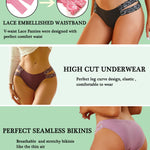 FINETOO Seamless Underwear for Women Cheeky Bikini Panties High Cut V-waist Lace Underwear Women Cute Bikinis 6 Pack