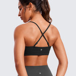 CRZ YOGA Butterluxe V-Neck Sports Bras for Women - Adjustable Thin Straps Padded Yoga Top Basic Wireless Camisole Black Medium