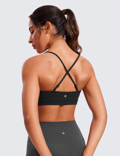 CRZ YOGA Butterluxe V-Neck Sports Bras for Women - Adjustable Thin Straps Padded Yoga Top Basic Wireless Camisole Black Medium