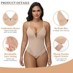 JOYSHAPER Thong Bodysuit for Women Tummy Control Low Back Shapewear Corset Body Suit Tops Deep Plunge Body Shaper with Underwire Nude M