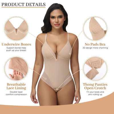JOYSHAPER Thong Bodysuit for Women Tummy Control Low Back Shapewear Corset Body Suit Tops Deep Plunge Body Shaper with Underwire Nude M