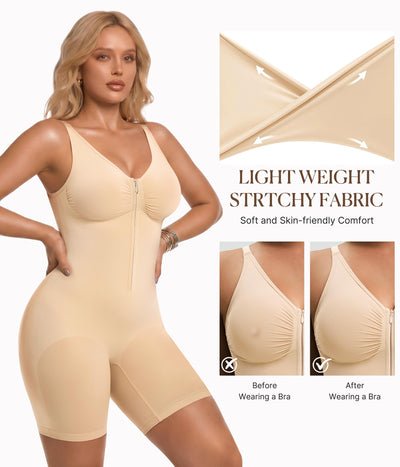 BRABIC Women's Zip-Up Shapewear Bodysuit Tummy Control Seamless V Neck Full Body Shaper Mid-Thigh Butt Lifter(Skin, Medium)