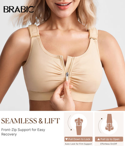 BRABIC Zip Front Closure Everyday Bra for Women Post Surgery Compression Support with Adjustable Straps Wirefree (X-Small, Beige)