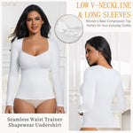 ONEW Shapewear Tummy Control Long Sleeve Shirts For Women Seamless V Neck Compression Shirt Slimming Body Shaper,White,XX-Large