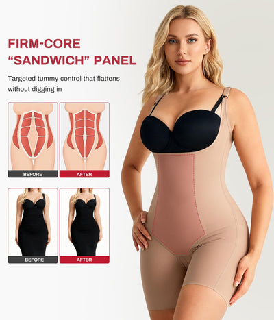 Nebility Shapewear Bodysuits for Women Tummy Control Body Shaper Seamless Butt Lifter Open Bust Mid-Thigh Compression Waist Trainer