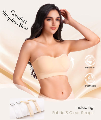 Finduself Strapless Bras for Women Non-Slip Wireless Bandeau Bra Seamless Padded Tube Top Bra Including Fabric & Clear Straps