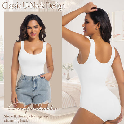 ONEW Shapewear Bodysuits Tummy Control Body Shaper Seamless Waist Trainer for Women Scoop Neck Going out Tops,White,Large