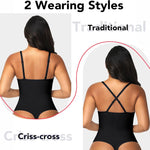 SHAPERIN Women's Lace Trimmed Deep V Neck Bodysuit Plunge Tummy Control Shapewear Thong Body Suits Cami Tank Corset Tops
