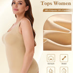 VELISDE Women Plus Size Shapewear Tank Top Tummy Control Compression Tank Crew Neck Camisole Seamless Body Shaper Cami Tops(Black+Beige,3XL)