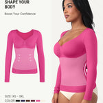 FeelinGirl Compression Long Sleeve Shirts for Women Shapewear Tummy Control Slimming Body Shaper V Neck Shapewear Top Pink Large