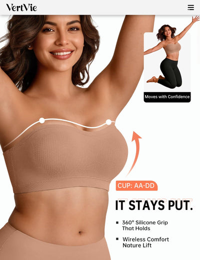 Vertvie Strapless Bra Wireless Non-Slip Push Up Bandeau Bras for Women Full Support Tube Tops Padded Bralette S-Large Breasts(Gravel Beige,Large)