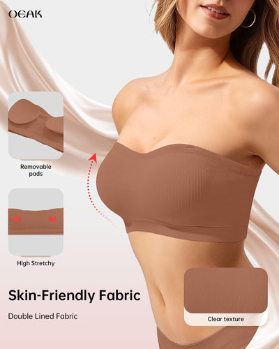 OEAK Supportive Strapless Bras for Women Push Up Wireless Bandeau Bra Non Slip Seamless Bras Comfortable Padded Bralette Gravel Beige XS