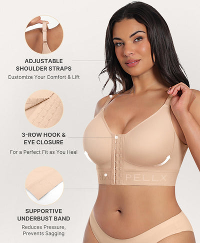 SHAPELLX Compression Bras for Women Post Surgery Front Closure Bras Wireless Mastectomy Bra Adjustable Straps Beige M