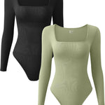 OQQ Women's 2 Piece Bodysuits Sexy Ribbed One Piece Square Neck Long Sleeve Tops