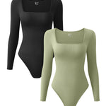 OQQ Women's 2 Piece Bodysuits Sexy Ribbed One Piece Square Neck Long Sleeve Tops Black Jade green