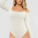 OQQ Women's 2 Piece Bodysuits Sexy Ribbed One Piece Square Neck Long Sleeve Tops Coffee Beige