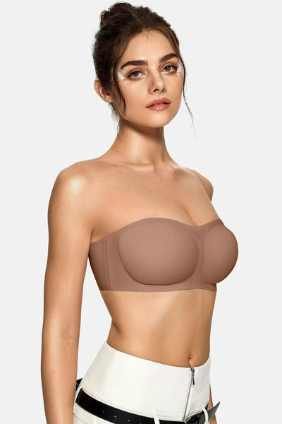 Vertvie Womens Strapless Bra Jelly Push Up Seamless Bandeau Bra Wireless Non Slip Silicone Tube Top Bras Padded Bralette(Coffee,Medium)