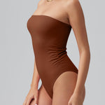 OQQ Womens Tube Bodysuits Strapless Basic Sleeveless Ruched Stretch Classic-Fit Tops Sexy Bodysuits Caramel