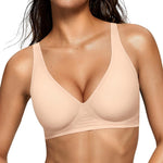 OEAK Womens Deep V Bras Wireless Comfortable Bra Supportive No Underwire Bras Tshirt Push Up Bralettes Plunge Seamless Bra Blush Nude L
