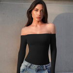 OQQ Bodysuits Womens Off-Shoulder Long Sleeve Seamless Shapewear Tops Black