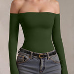 OQQ Bodysuits Womens Off-Shoulder Long Sleeve Seamless Shapewear Tops Armygreen