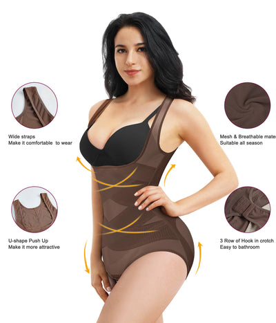 REYEOGO Shapewear Bodysuit for Women Tummy Control Butt Lifter Panty Hi-Waist Trainer Stomach Body Shaper Slimming Girdles(Chocolate Brown, X-Large)