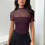 OQQ Women Short Sleeve Bodysuit Tummy Control Shapewear Mesh One Piece Leotard Shirts Going Out Tops Darkpurple