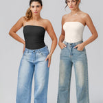 OQQ Womens Tube Bodysuits Strapless Basic Sleeveless Ruched Stretch Classic-Fit Tops Sexy Bodysuits Black