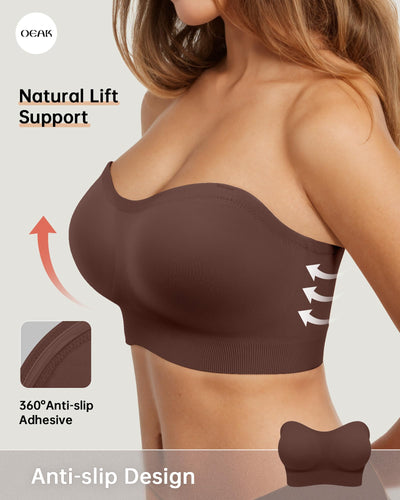 OEAK Strapless Bras for Women Wireless Bandeau Bra Non Slip Push Up Tube Top Seamless Bras Comfortable Padded Bralette L Chocolate