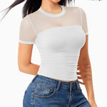 Nebility Womens Mesh Sheer Tops Short Sleeve Tee Crewneck Crop Top Going Out Date Outfits Fashion Clothes 2026（X-Large,White）