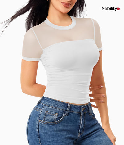 Nebility Womens Mesh Sheer Tops Short Sleeve Tee Crewneck Crop Top Going Out Date Outfits Fashion Clothes 2026（X-Large,White）