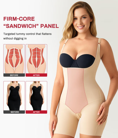 Nebility Full Body Shapewear Bodysuits for Women Tummy Control Body Shaper Open Bust Mid-Thigh Body Suit