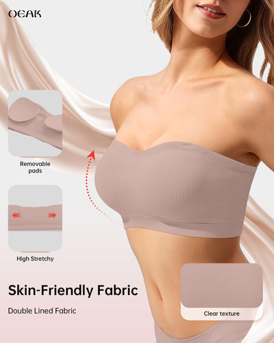 OEAK Supportive Strapless Bras for Women Push Up Wireless Bandeau Bra Non Slip Seamless Bras Comfortable Padded Bralette Grey S